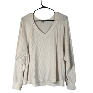 Z Supply White Long Sleeve V-neck Oversized Waffle Knit Shirt Women Sz M